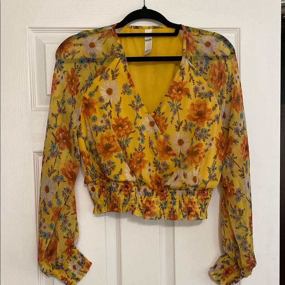 KAZO Yellow Floral Ruffled Wrap Blouse